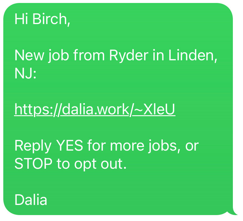 Job alert text message sent to a candidate through Dalia
